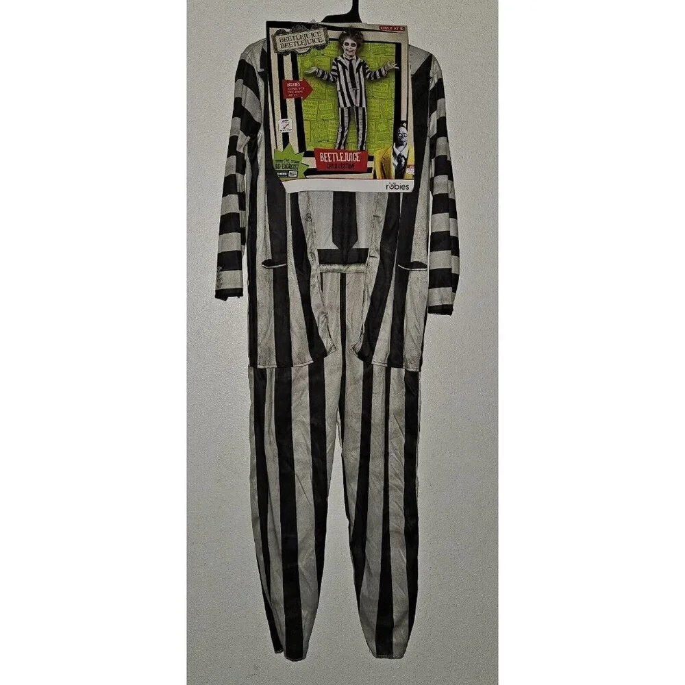NWT Beetlejuice Halloween Costume Child Boys Large Black Striped Jumpsuit Rubies